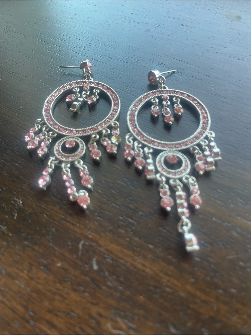 Silver-Tone Pink Crystal Dangle Hoop Earrings